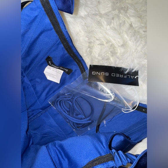 NEW Alfred Sung Bow Basque neck Off the Shoulder Satin Column Blue Gown Sz 14 - Picture 7 of 8